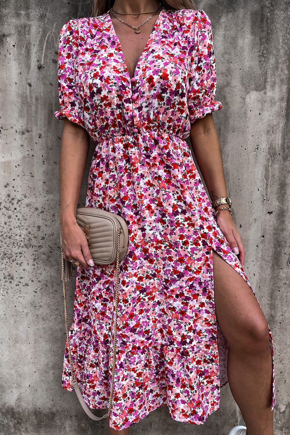 Georgia™ | Maxi Abito Elegante con Fiori e Scollatura a V