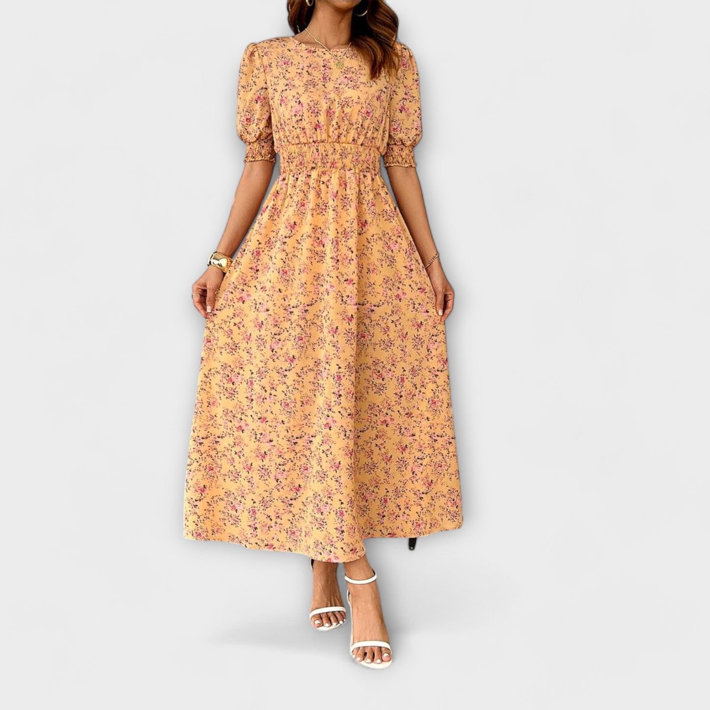 Amelia™ – Vestido com Decote Redondo e Padrão Floral
