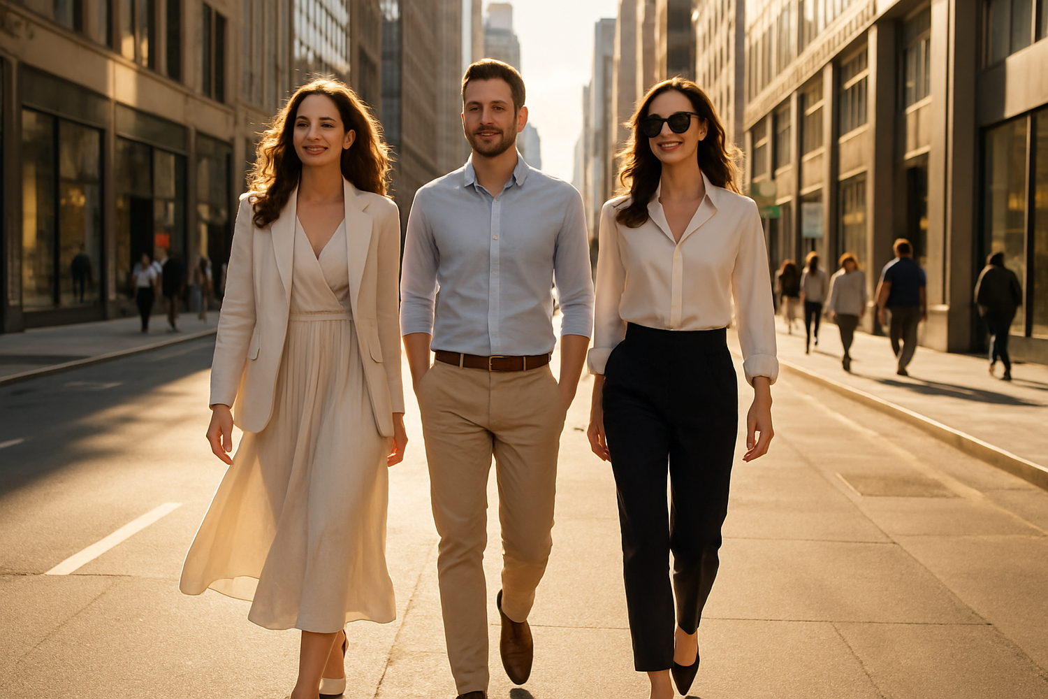 2 womane 1 men walking by in a big city under the sunlight dresses elegant casual