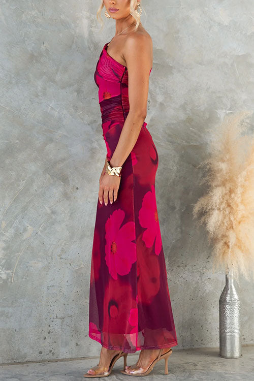 Marianne - Abito Maxi Bodycon in Rete con Stampa Floreale a Spalla Scoperta