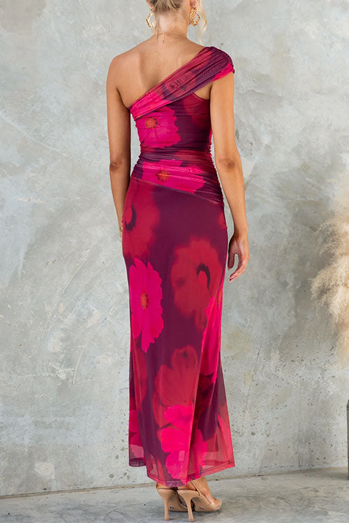 Marianne - Abito Maxi Bodycon in Rete con Stampa Floreale a Spalla Scoperta