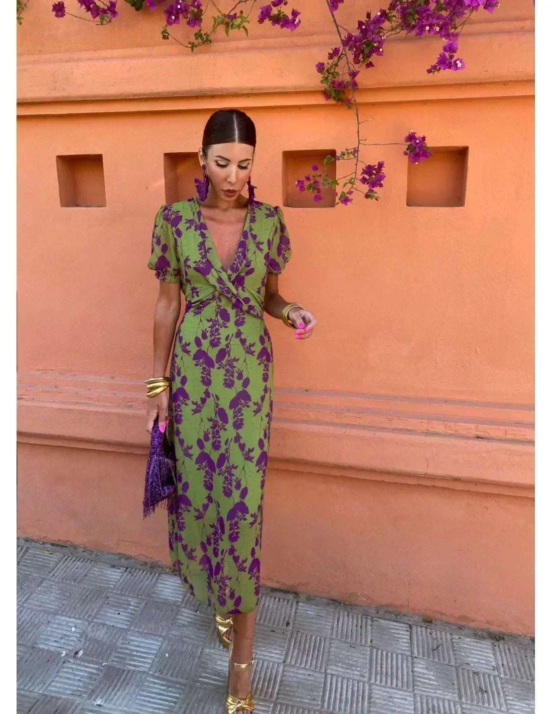 Lucinda - Vestito Pieghettato Floreale Boho con Scollatura a V
