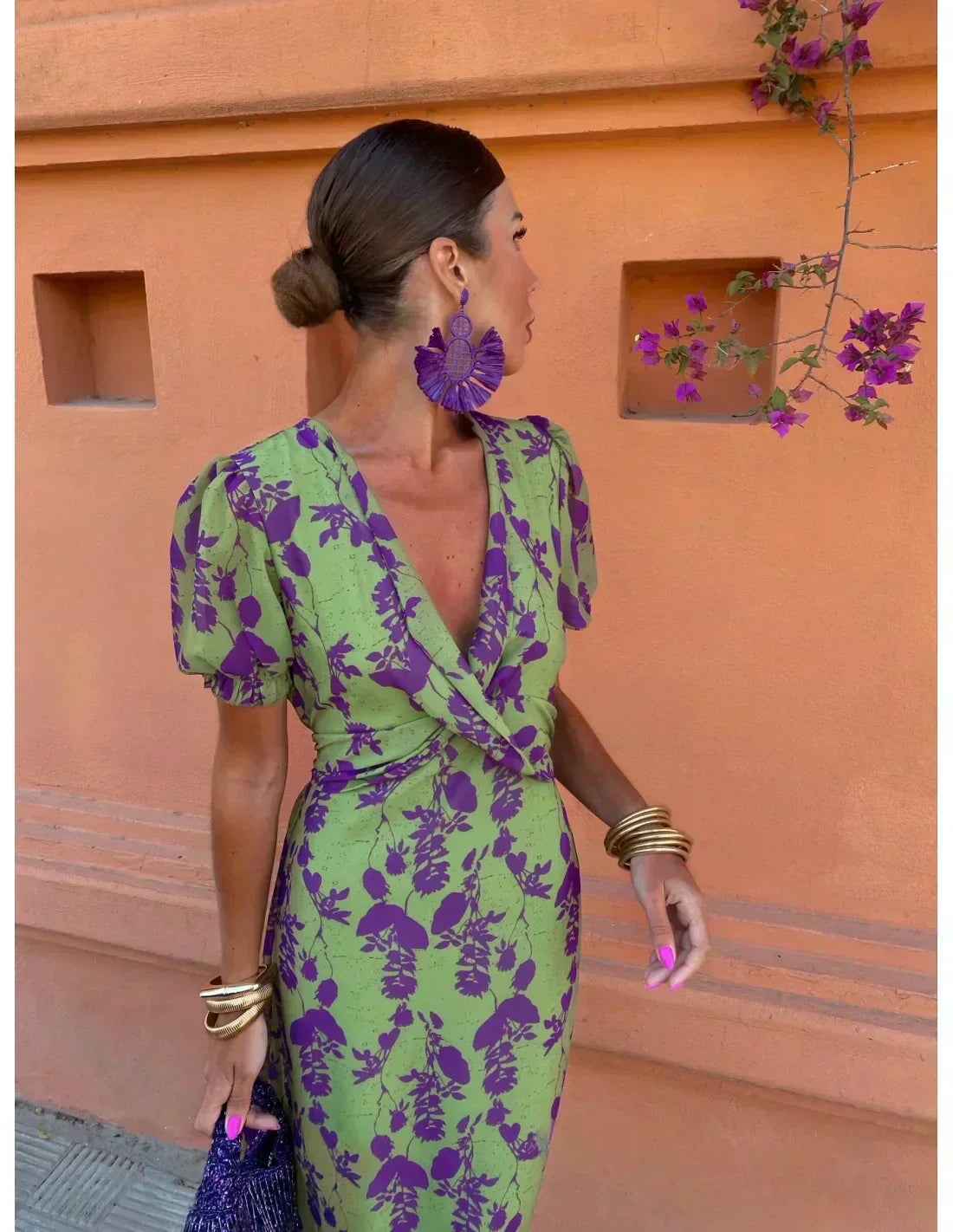 Lucinda - Vestito Pieghettato Floreale Boho con Scollatura a V
