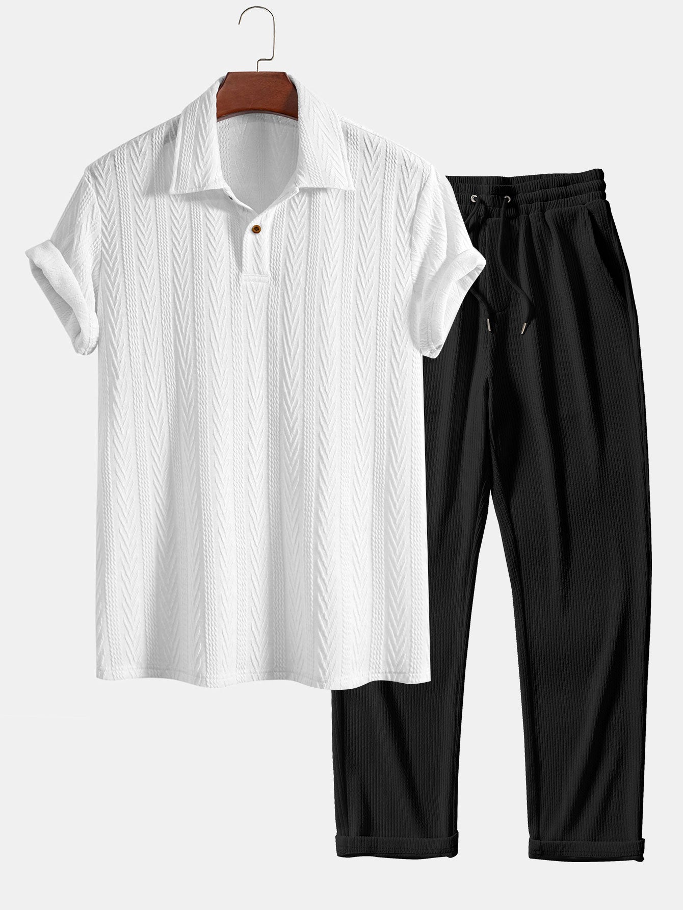 Jacquard Polo Shirt with Short Sleeves and Straight-Cut Ribbed Knit Pants