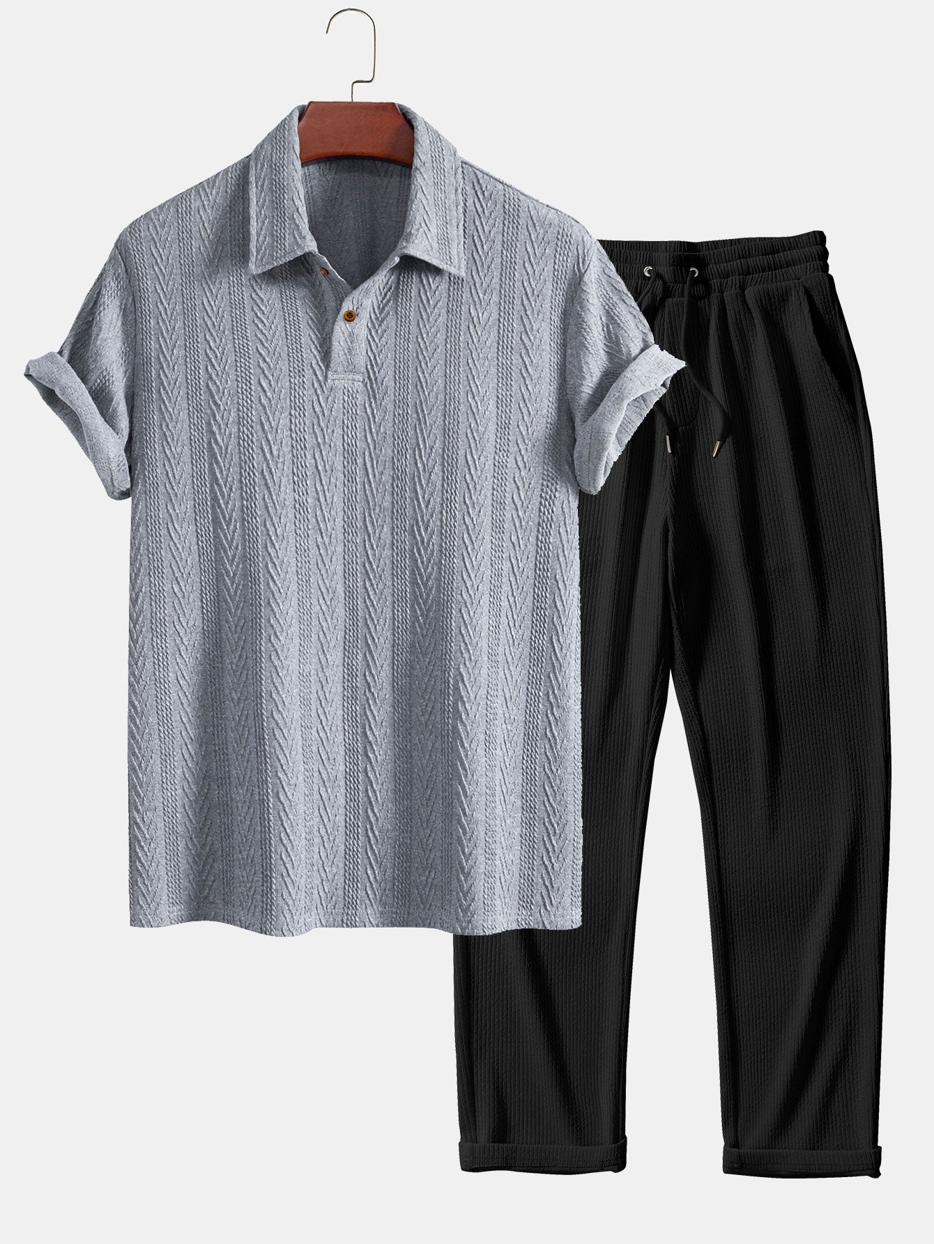 Jacquard Polo Shirt with Short Sleeves and Straight-Cut Ribbed Knit Pants