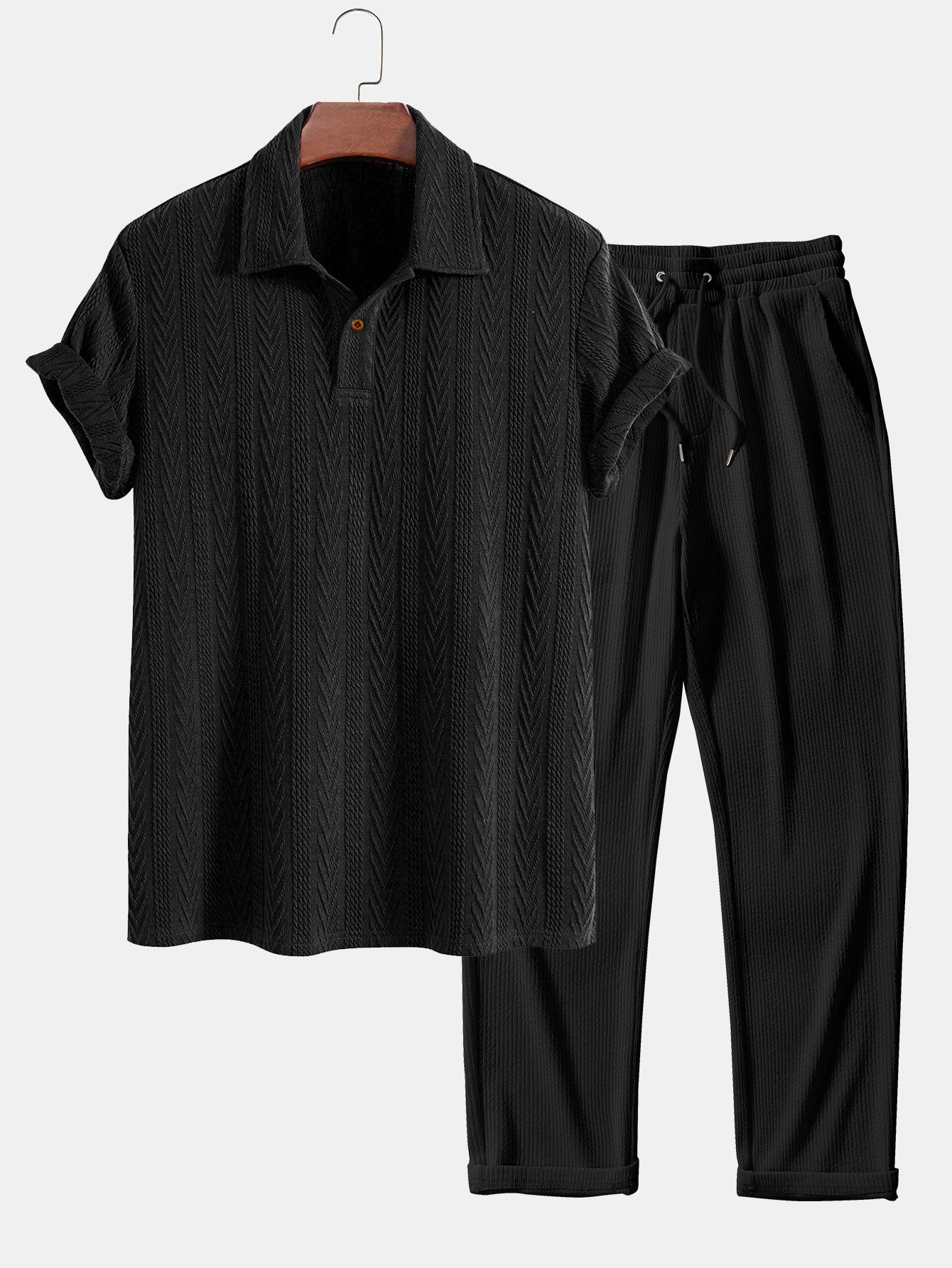 Jacquard Polo Shirt with Short Sleeves and Straight-Cut Ribbed Knit Pants