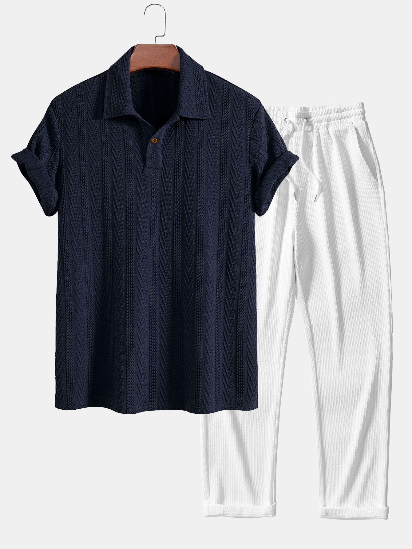 Jacquard Polo Shirt with Short Sleeves and Straight-Cut Ribbed Knit Pants