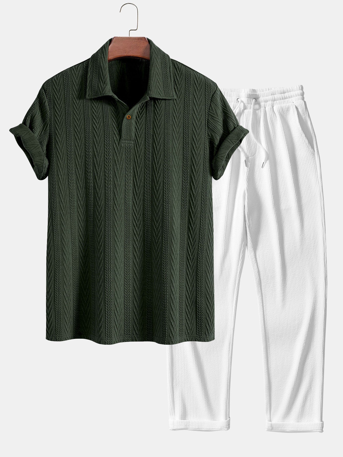 Jacquard Polo Shirt with Short Sleeves and Straight-Cut Ribbed Knit Pants