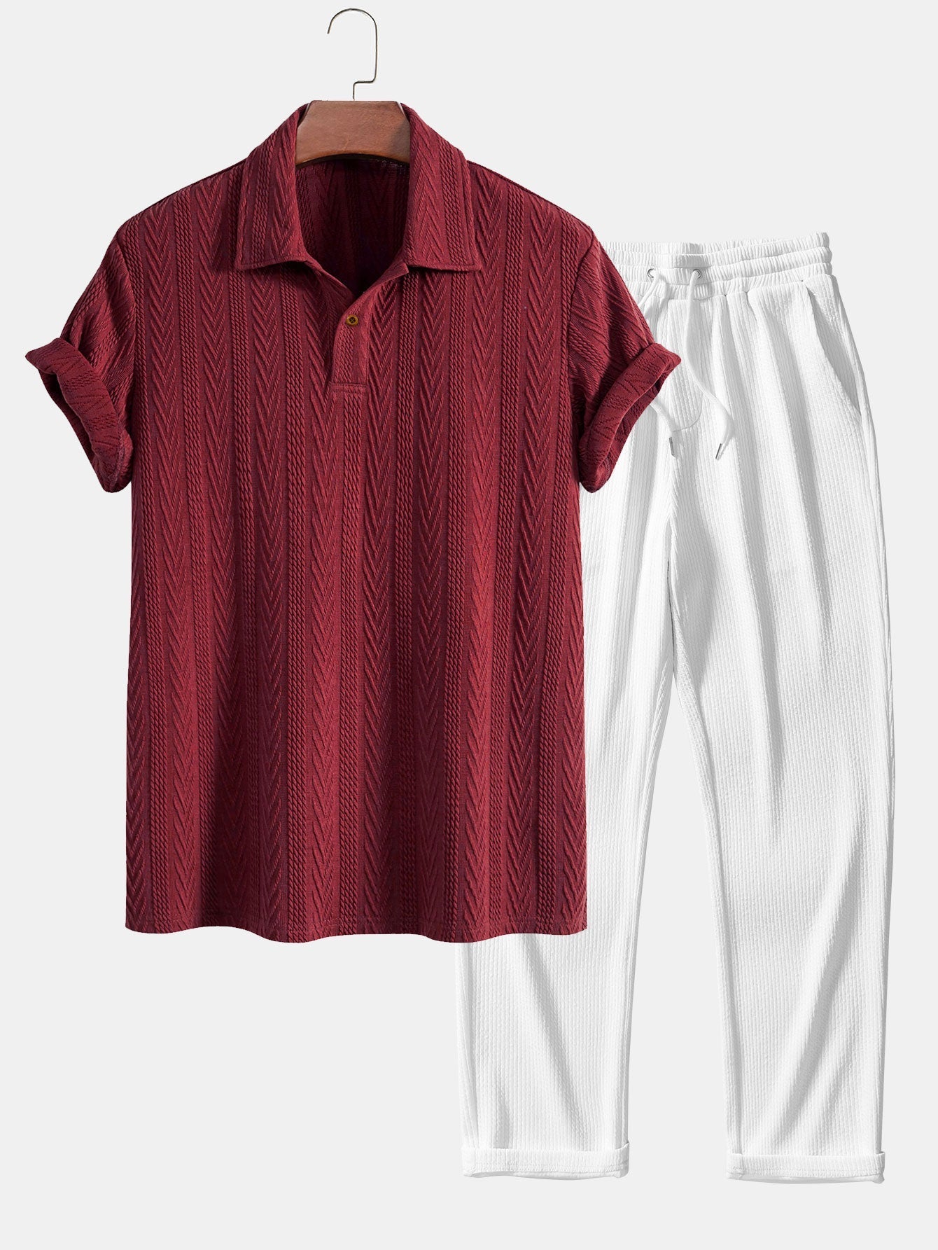 Jacquard Polo Shirt with Short Sleeves and Straight-Cut Ribbed Knit Pants
