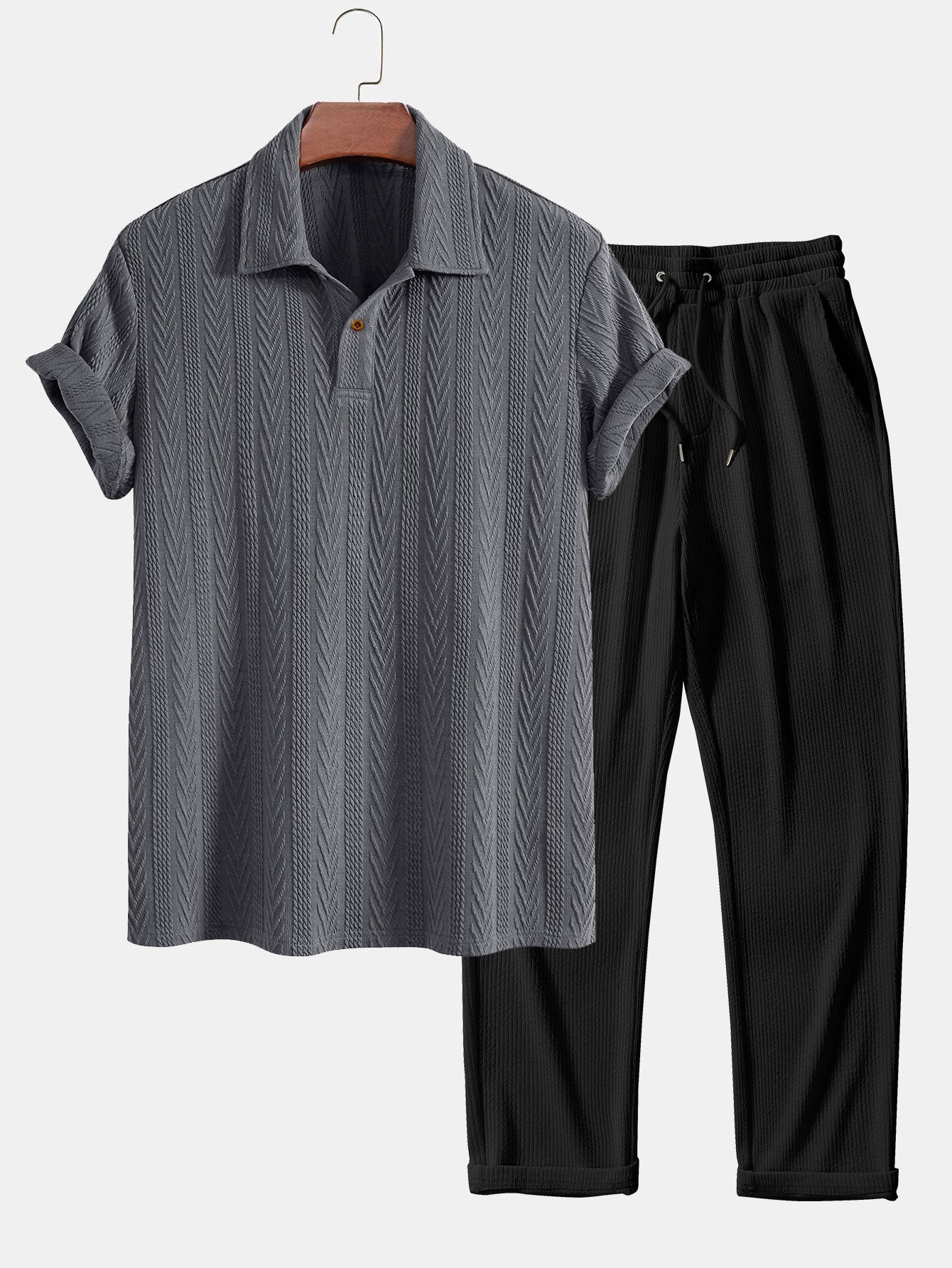 Jacquard Polo Shirt with Short Sleeves and Straight-Cut Ribbed Knit Pants