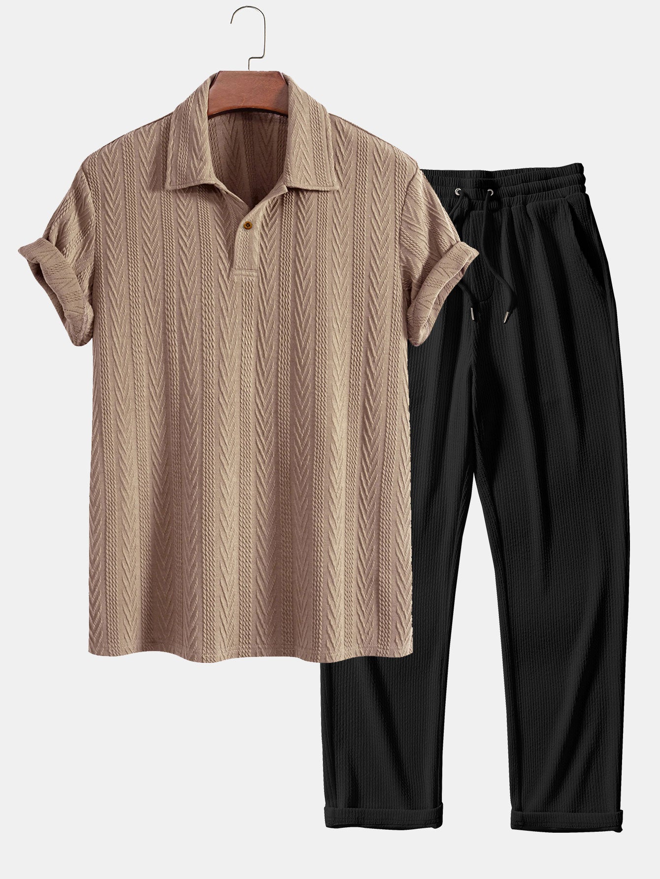 Jacquard Polo Shirt with Short Sleeves and Straight-Cut Ribbed Knit Pants