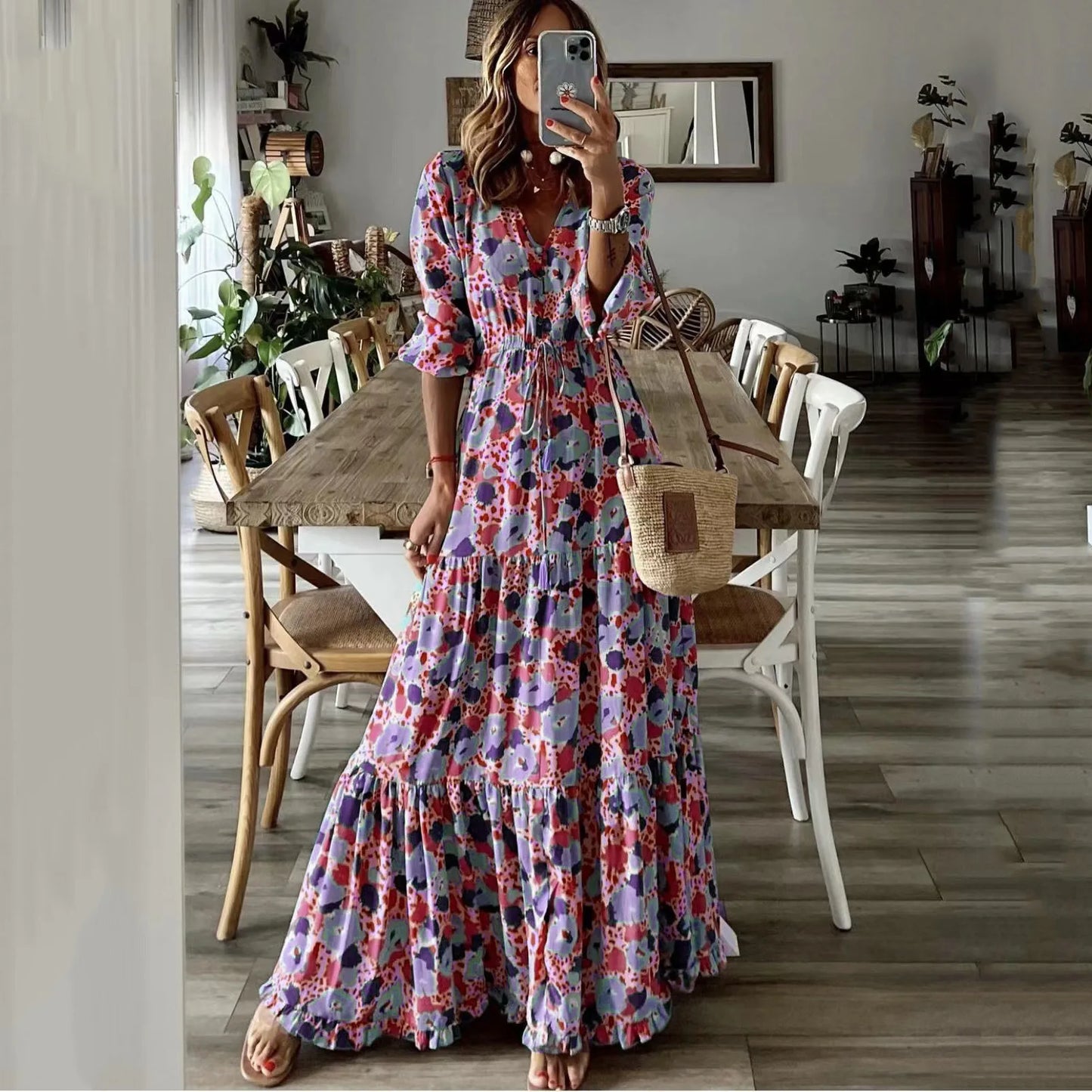 Liora | Vestito Maxi Stampato con Scollatura a V