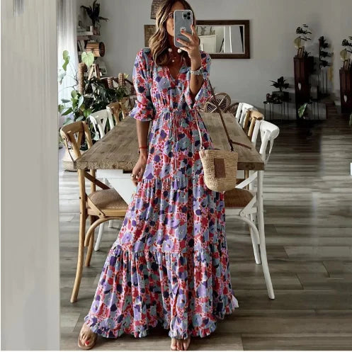Liora | Vestito Maxi Stampato con Scollatura a V