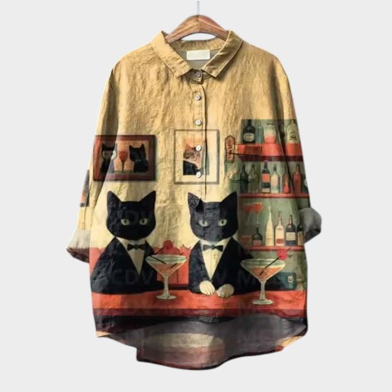 VIVIANA | Blusa Oversize con Gatti Acquerello e Comfort Allegro per Ogni Momento