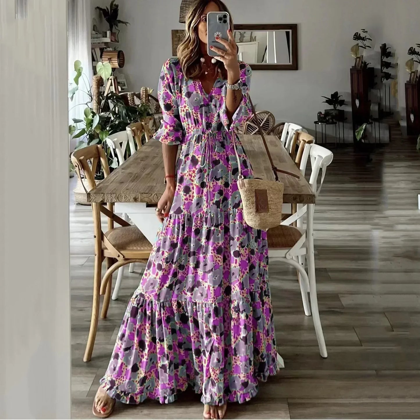 Liora | Vestito Maxi Stampato con Scollatura a V