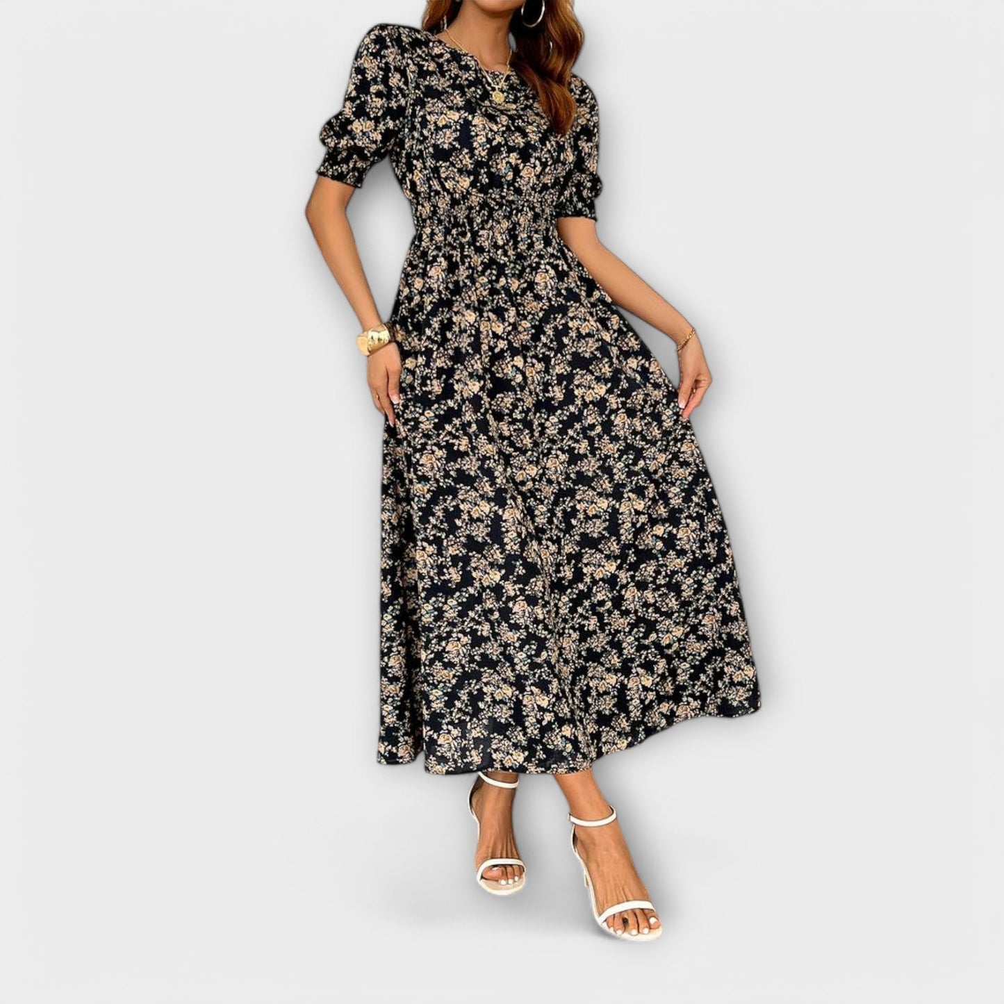 Amelia™ – Vestido com Decote Redondo e Padrão Floral