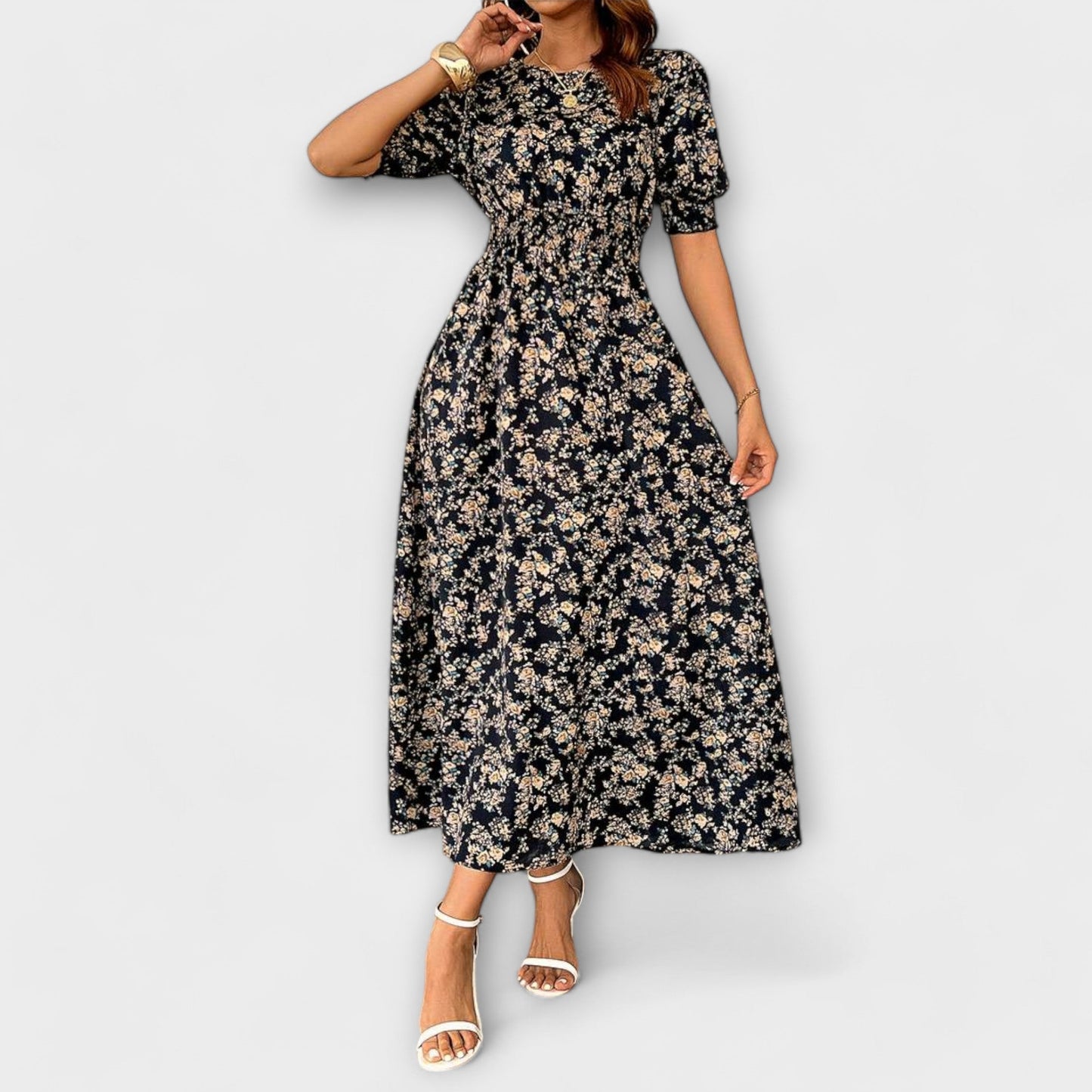 Amelia™ – Vestido com Decote Redondo e Padrão Floral