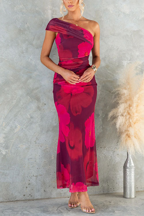 Marianne - Abito Maxi Bodycon in Rete con Stampa Floreale a Spalla Scoperta