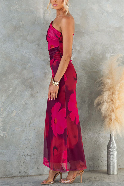 Marianne - Abito Maxi Bodycon in Rete con Stampa Floreale a Spalla Scoperta