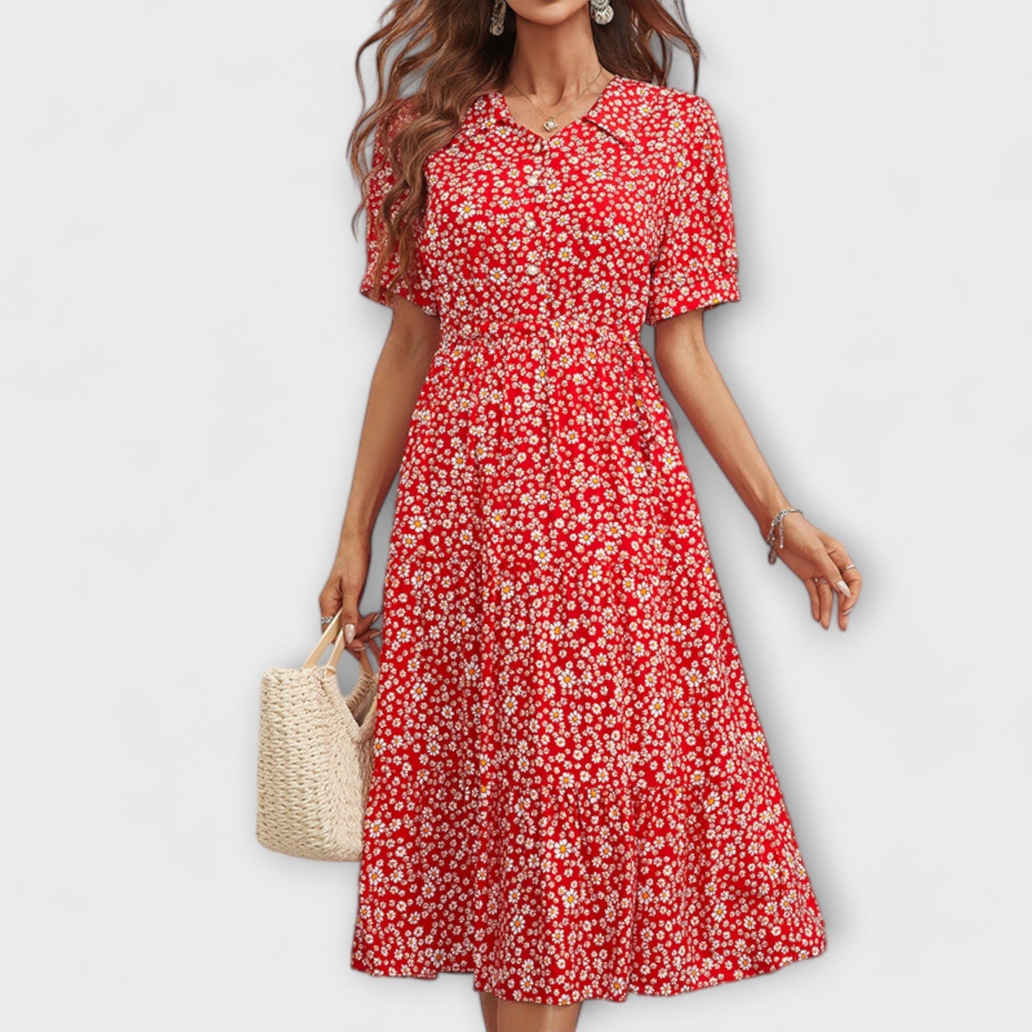 Amelia™ – Vestido com Decote Redondo e Padrão Floral