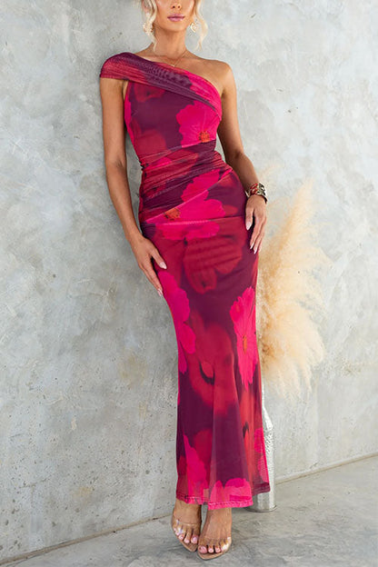 Marianne - Abito Maxi Bodycon in Rete con Stampa Floreale a Spalla Scoperta