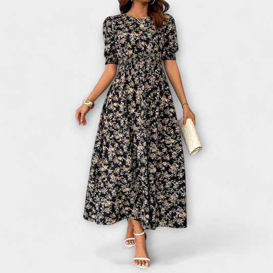 Amelia™ – Vestido com Decote Redondo e Padrão Floral