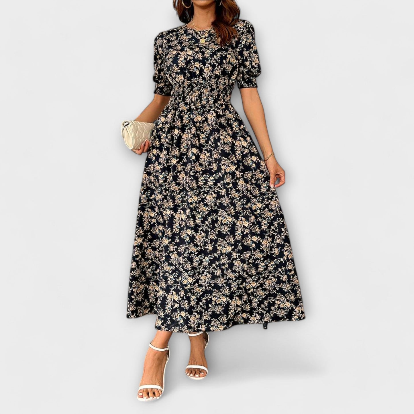 Amelia™ – Vestido com Decote Redondo e Padrão Floral