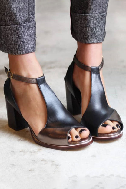 Anyao™ | Sandali con tacco e punta aperta in patchwork nero