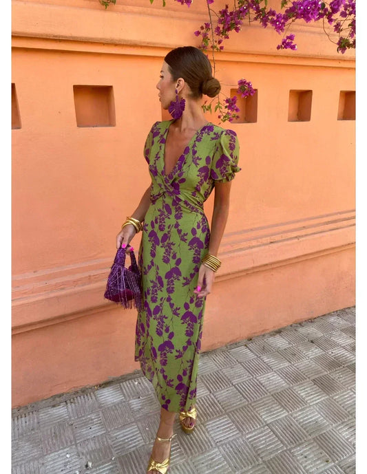 Lucinda - Vestito Pieghettato Floreale Boho con Scollatura a V