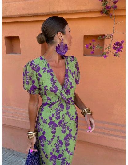 Lucinda - Vestito Pieghettato Floreale Boho con Scollatura a V