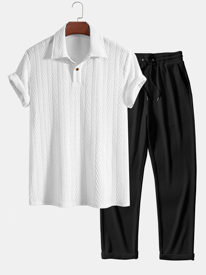 Jacquard Polo Shirt with Short Sleeves and Straight-Cut Ribbed Knit Pants