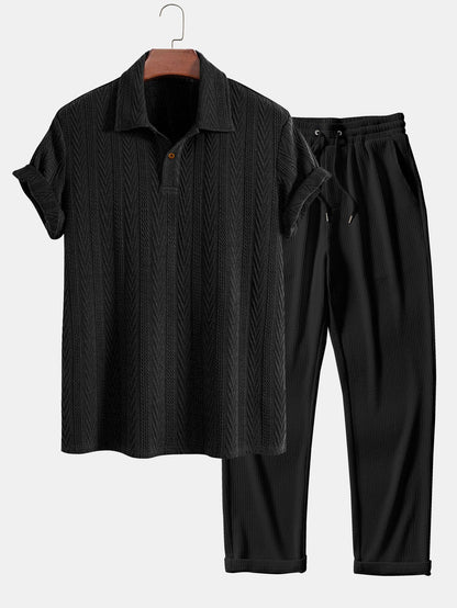 Jacquard Polo Shirt with Short Sleeves and Straight-Cut Ribbed Knit Pants