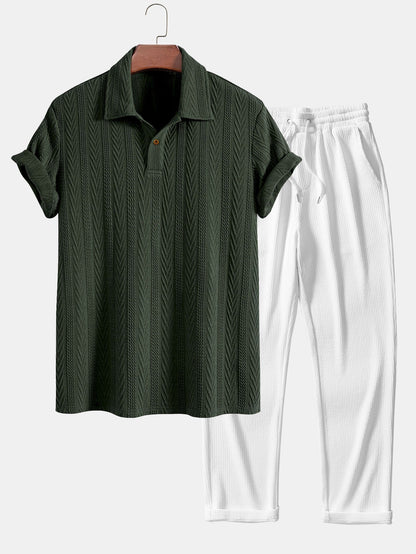 Jacquard Polo Shirt with Short Sleeves and Straight-Cut Ribbed Knit Pants