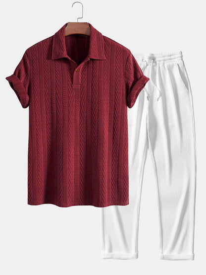 Jacquard Polo Shirt with Short Sleeves and Straight-Cut Ribbed Knit Pants