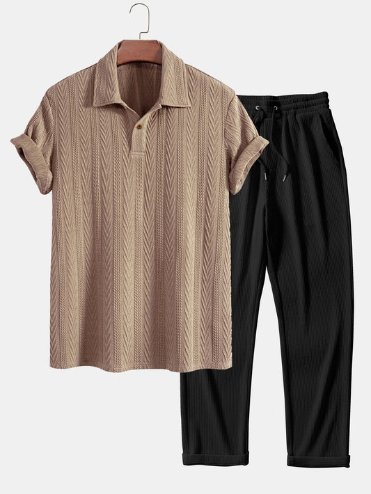 Jacquard Polo Shirt with Short Sleeves and Straight-Cut Ribbed Knit Pants