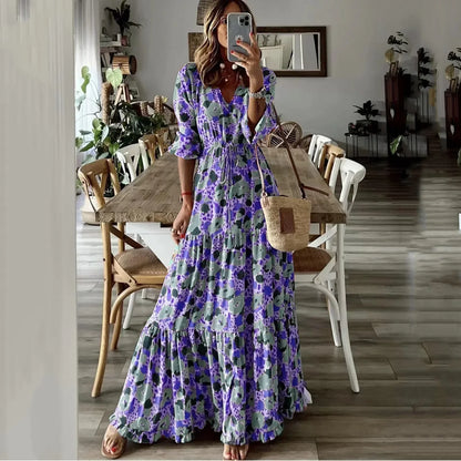 Liora | Vestito Maxi Stampato con Scollatura a V