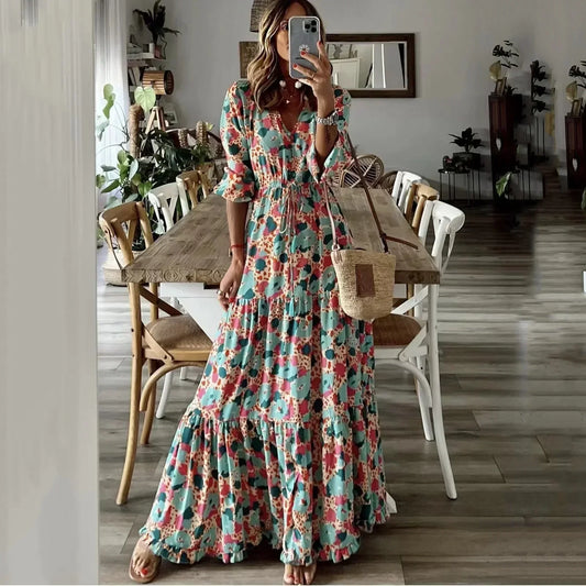 Liora | Vestito Maxi Stampato con Scollatura a V