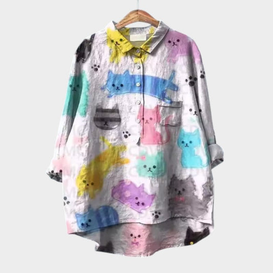 VIVIANA | Blusa Oversize con Gatti Acquerello e Comfort Allegro per Ogni Momento
