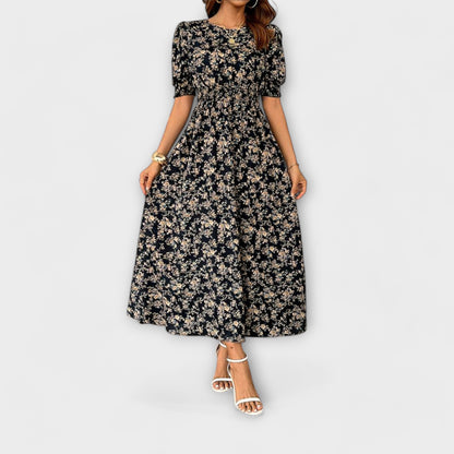 Amelia™ – Vestido com Decote Redondo e Padrão Floral