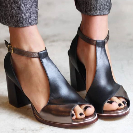 Anyao™ | Sandali con tacco e punta aperta in patchwork nero